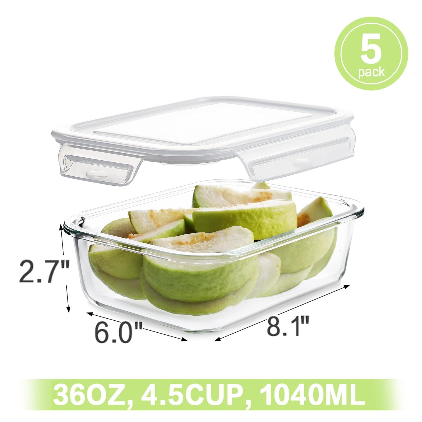 HOMBERKING Large Glass Meal Prep Containers, [5 Sets, 35oz | 4.5cups] Glass Food Storage Containers with Lids, Airtight Glass Bento Boxes, BPA Free & Leak Proof (5 lids & 5 Containers)