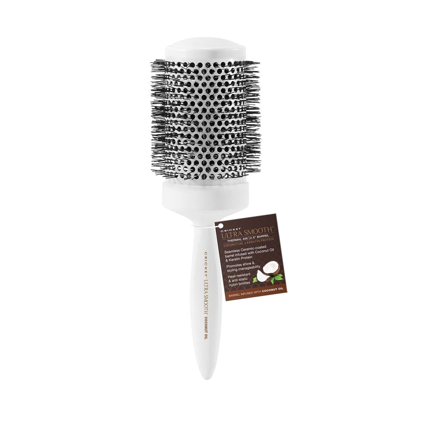Cricket Ultra Smooth Coconut Thermal Hair Brush – 2.5” Ceramic Barrel, Coconut Oil and Keratin-Infused, Anti-Static Heat-Resistant Bristles, Textured Handle for Styling All Hair Types
