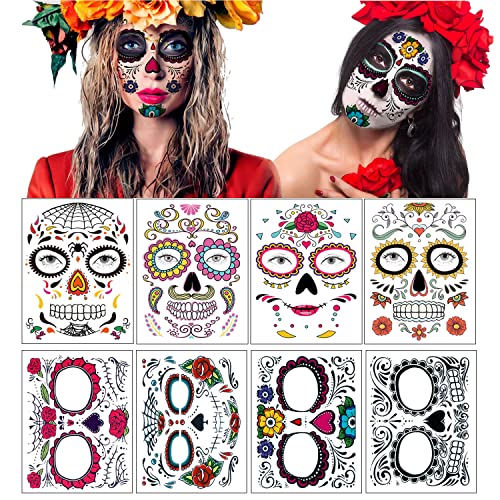 Day of the Dead Face Tattoos - 8 Sheet Sugar Skull Temporary Tattoo Kit