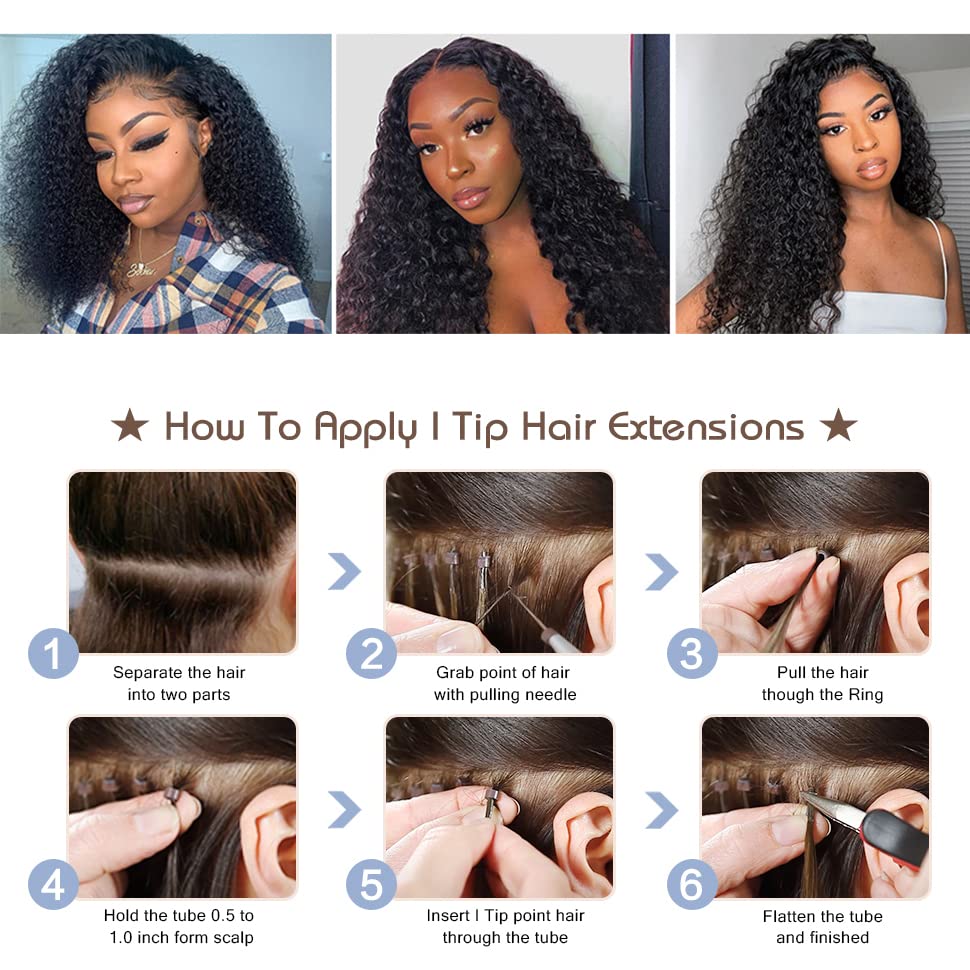 Kinky Curly I Tip Hair Extensions Human Hair Cold Fusion Stick I Tip Hair 18 Inch 100% Remy Hair Extensions Cold Fusion Tipped Hair Extensions for Women Curly Pre Bonded Microlinks Hair Extensions 50G