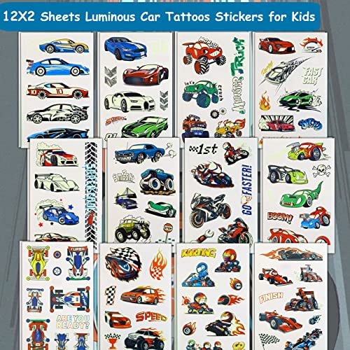 Luminous Race Car Tattoos for Kids - 24 Sheets Glow in The Dark RaceCar Temporary Tattoos for Boys Birthday Party Favors Goodie Bag Fillers