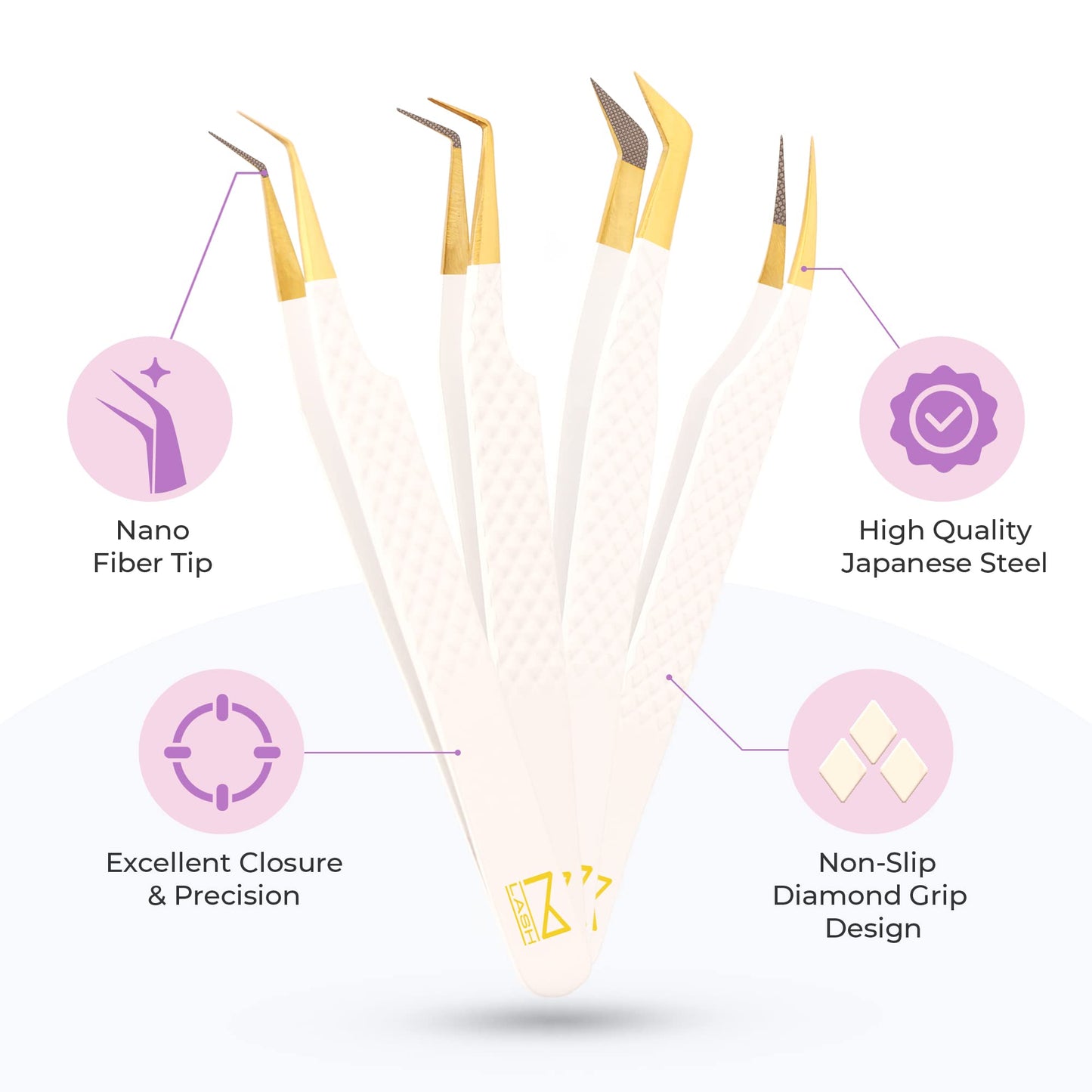 M LASH Eyelash Extension Tweezers (Set of 4) - Professional & Precision Lash Tweezers for Eyelash Extensions - Japanese Steel, Diamond Grip, Fiber Tip V5 (White)