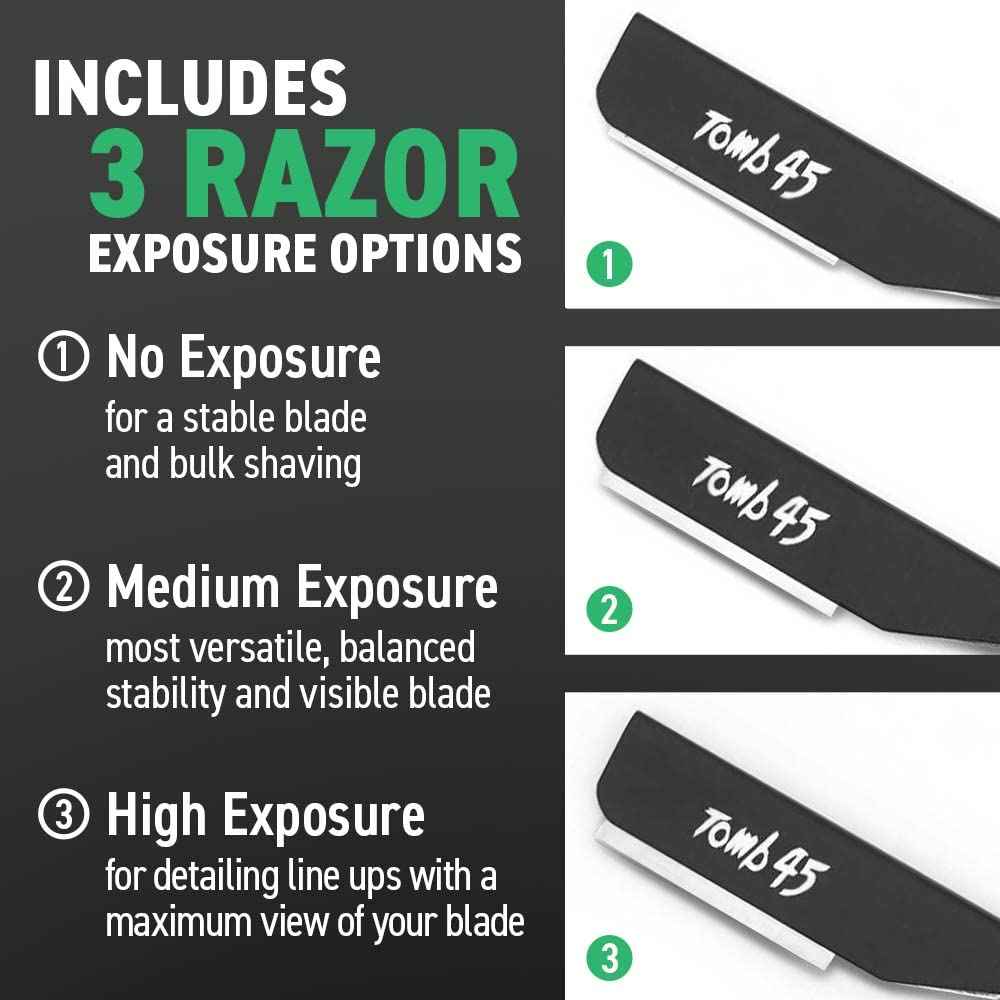 Tomb 45 Triple Cartridge Razor Holder | Disposable Razor Safety Handle For Barbers | 100% Metal Grip & 3 Adjustable Blade Exposure Options For Shaving (Black)