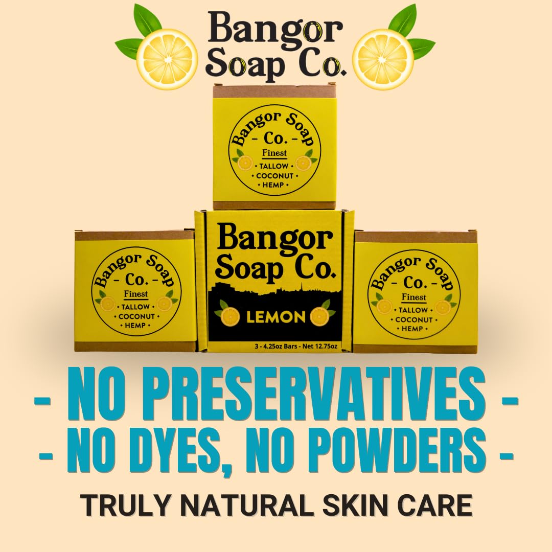 Bangor Soap Co.'s FRESH LEMON Pure, Natural Soap Bars, The FINEST Tallow, Coconut, and Hemp, NOTHING Artificial, NOTHING Superficial for A Smooth, Nourishing Lather (3-Pack)