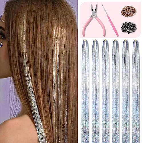 Silver Hair Tinsel Kit 48 Inches 1200 Strands with Tools and Instruction Easy to Install Fairy Glitter Tinsel Hair Extensions for Women and Girls，Shinny Sparkling Braiding Hair Accessories for Halloween Cosplay Party