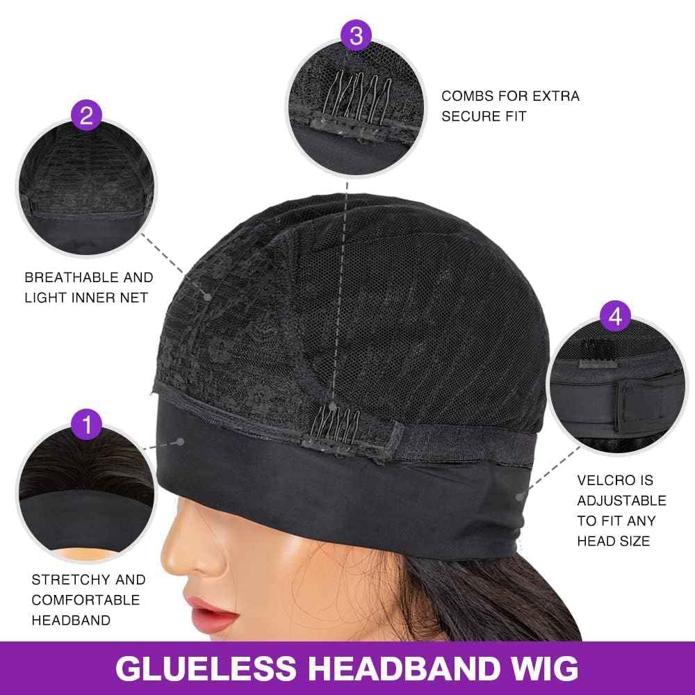 Emistar Curly Headband Wigs for Black Women Wet and Wavy Afro Headband Wig Water Wave Blend Human Hair & Synthetic Hair Ready to Go Glueless Half Wigs 180% Density (#1B, 8 Inch)