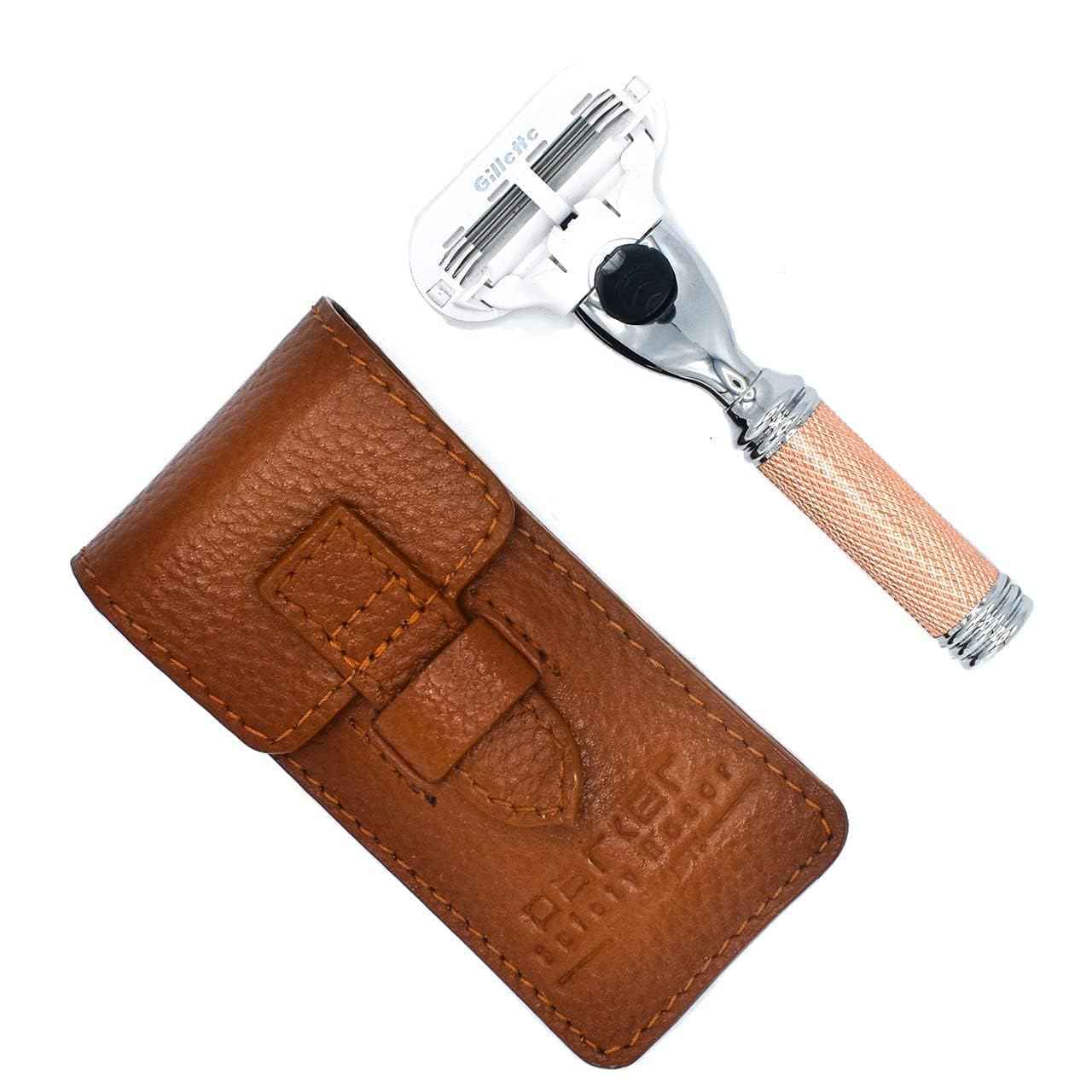 Parker Women’s Travel Razor – Compatible with Gillette® Venus® Cartridges – Compact 3‑Blade Razor with Rose‑Gold Chrome Brass Handle & Buffalo Leather Travel Case