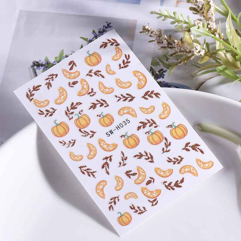 Pumpkin Nail Art Stickers Fall Maple Leaf Nail Decals 6PCS Maple Leaves Pumpkin Nails Design 3D Self-Adhesive Nail Art Supplies Fall Stickers for Nails Thanksgiving Day Women DIY Manicure Decorations