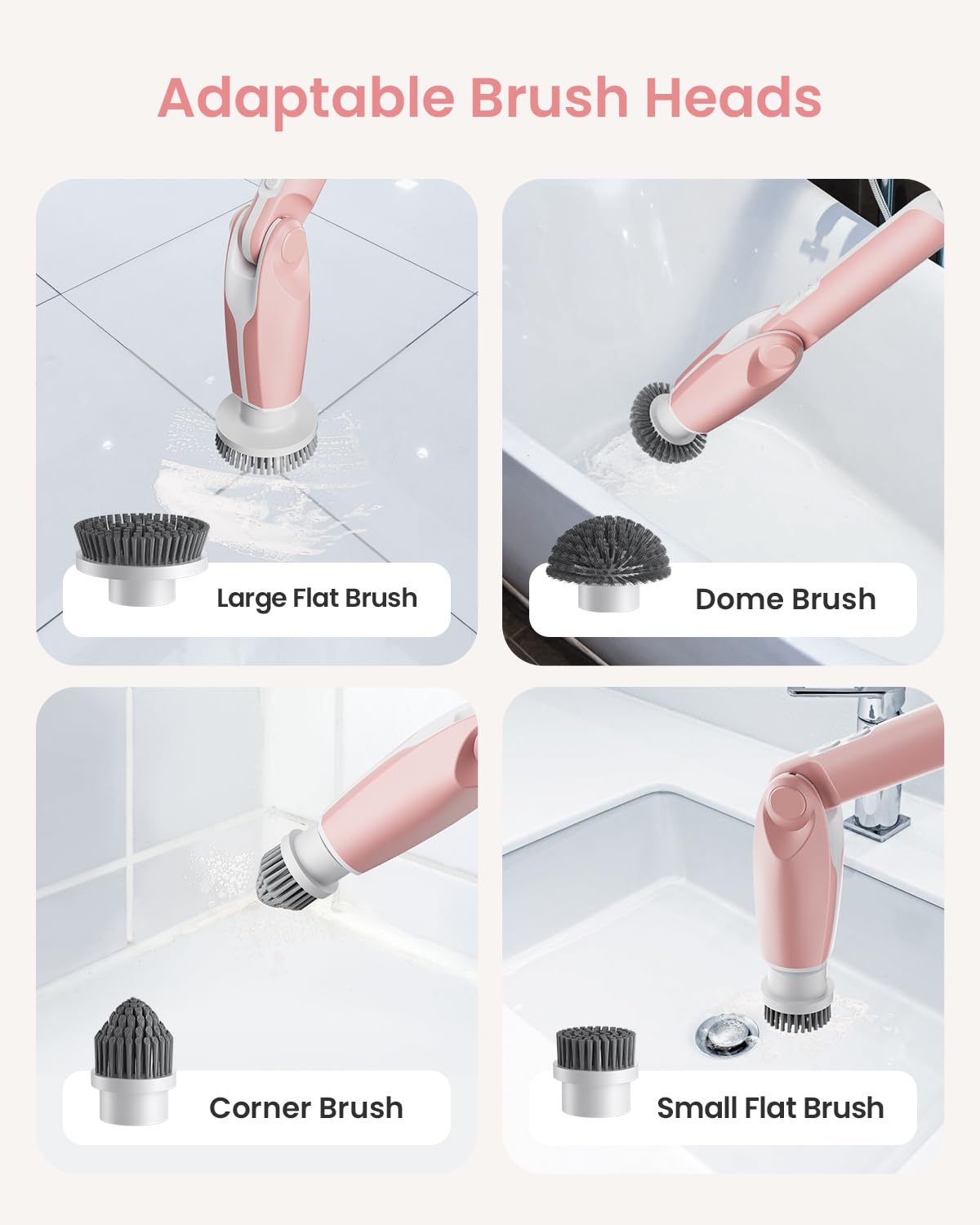 Leebein Electric Spin Scrubber, 2024 New Electric Scrubber with 4 Adjustable Angles and 8 Brush Heads, Shower Scrubber with Long Handle & Remote Control, Cleaning Brush for Bathroom, Tub, Floor (Pink)