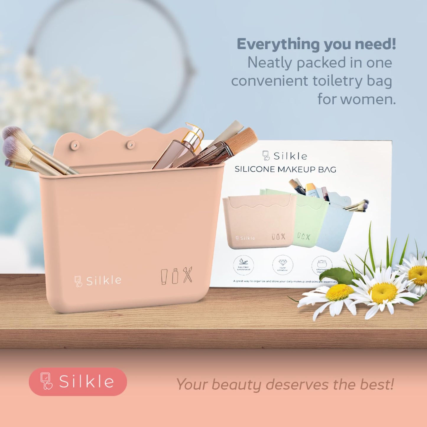SILKLE Silicone Makeup Bag - Versatile Makeup Organizer with Magnets and Wavy Design, Travel Toiletry Bag and Makeup Brush Holder - Compact and Stylish Cosmetic Bag for Daily Use - Khaki
