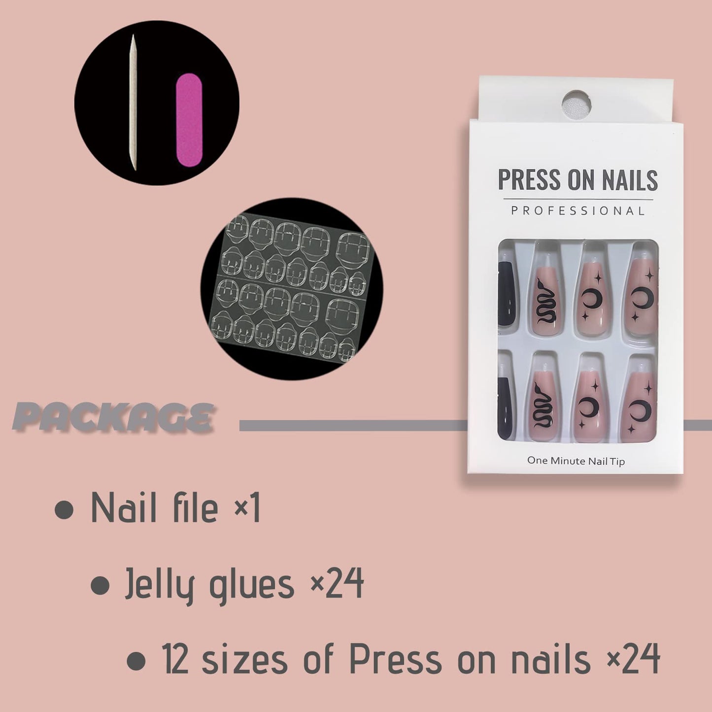 FOAMEE Medium Press on Nails Coffin Gothic Fake Nails with Designs Acrylic Glossy Black False Nails for Women