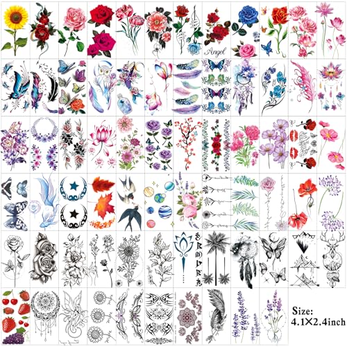 82 Sheets Temporary Tattoos - Flowers, Butterflies & Mixed Designs