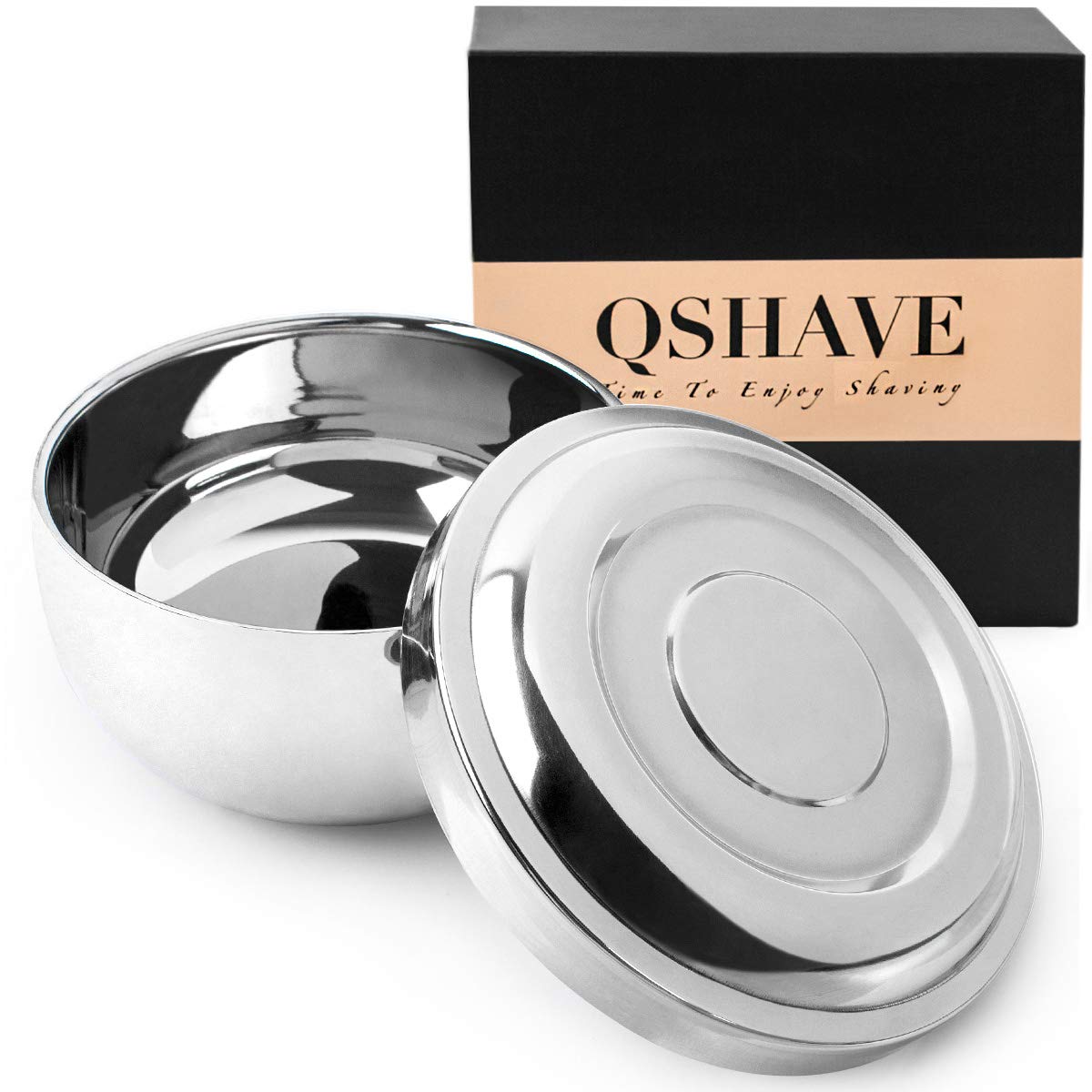 QSHAVE Stainless Steel Shaving Bowl with Lid 4 Inch Diameter Large Deep Size Chrome Plated Shinning Finish