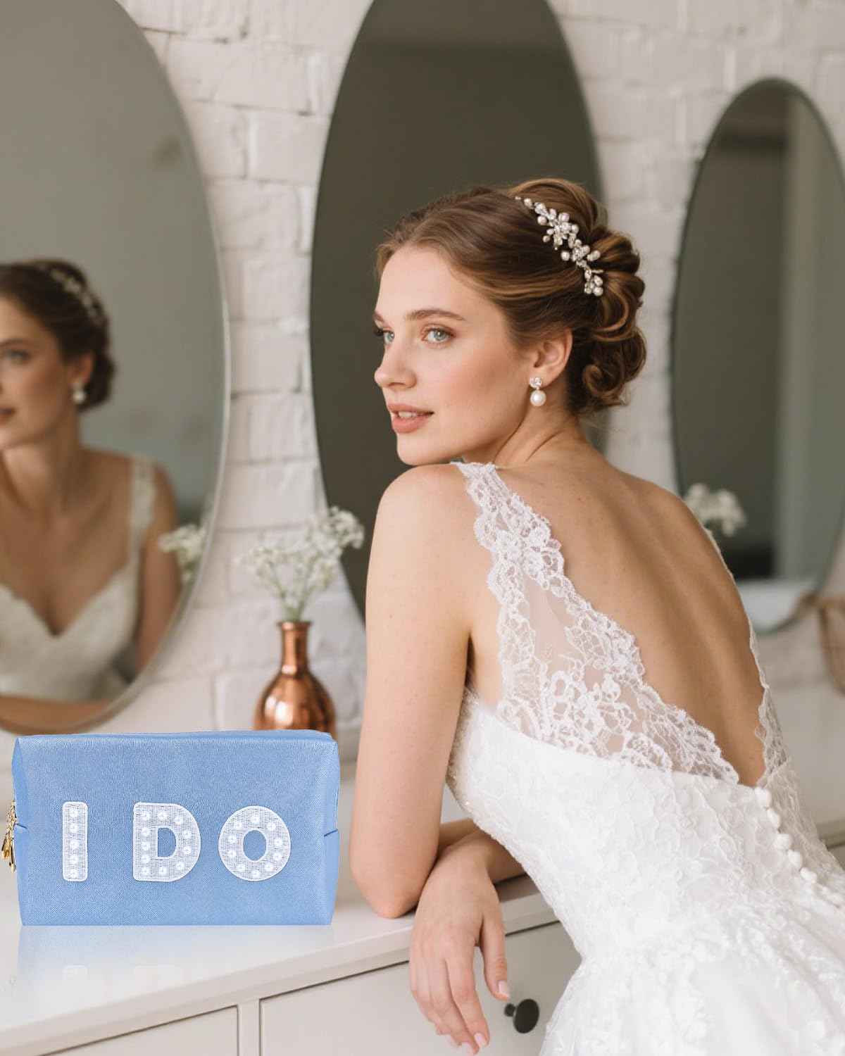 LIWOFLY Personalized Cosmetic Bag Pearl Monogram, Cute custom Makeup Bags for Women Girls Leather Bridesmaid Travel Makeup Bag, Aesthetic Toiletry Bag Organizer Storage Pouch, Blue I DO