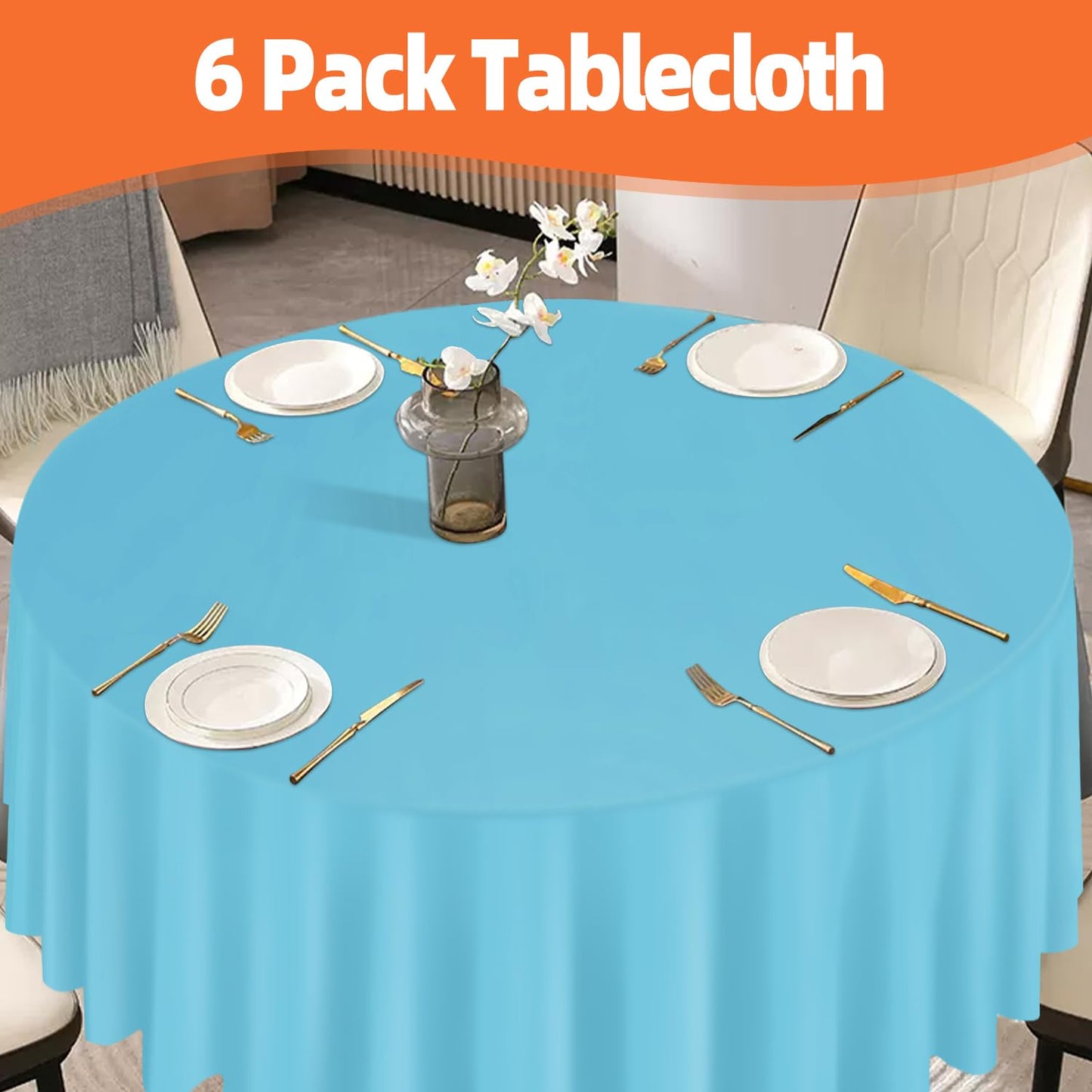 tujol Light Blue 6 Pack Plastic Table Cloth 84", Disposable Round Tablecloth Table Cover, Plastic Table Cloths for Parties