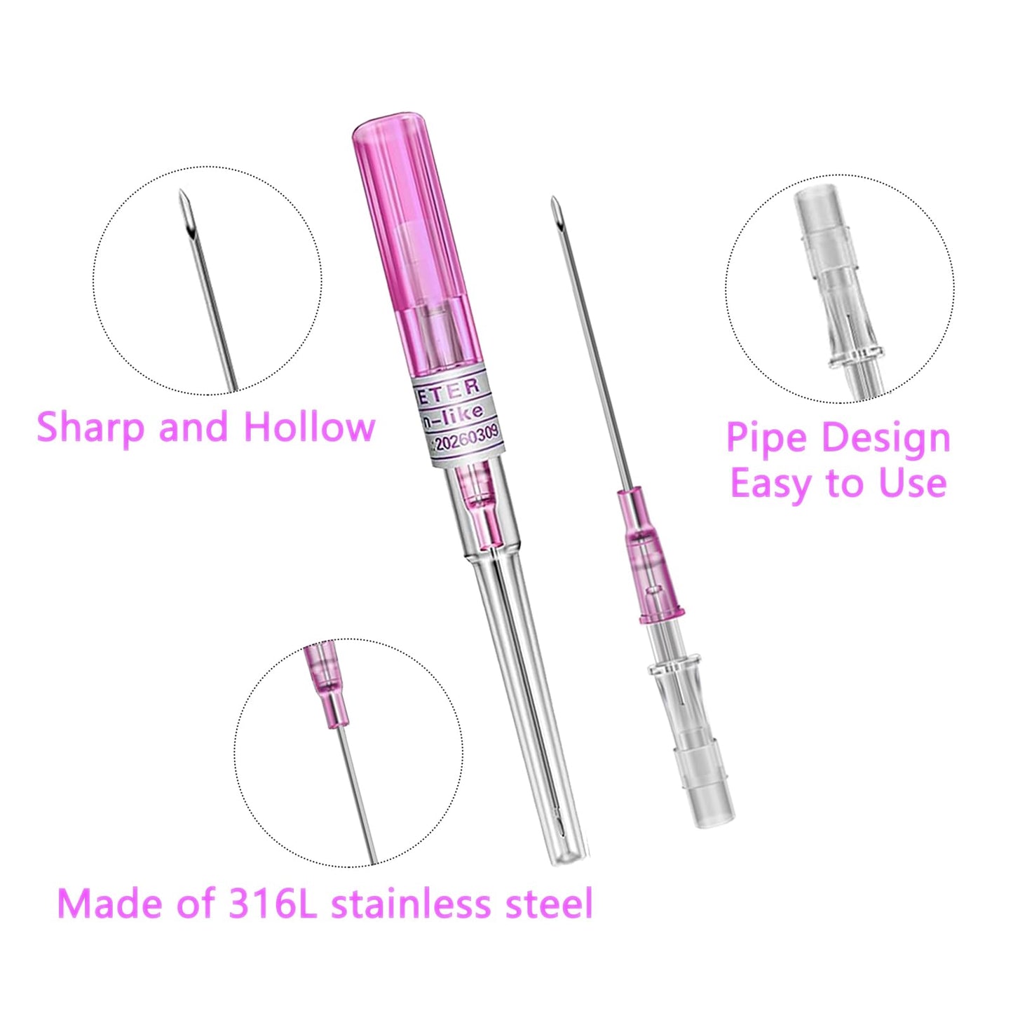 LEEYUKA 50Pcs Catheter Piercing Needles Mixed Size 14G 16G 18G 20G 22G(Each Size 10pcs) Catheter Needles Cateter Para Catheter Hollow Needles for Ear Nose Belly Cartilage Piercing Needles