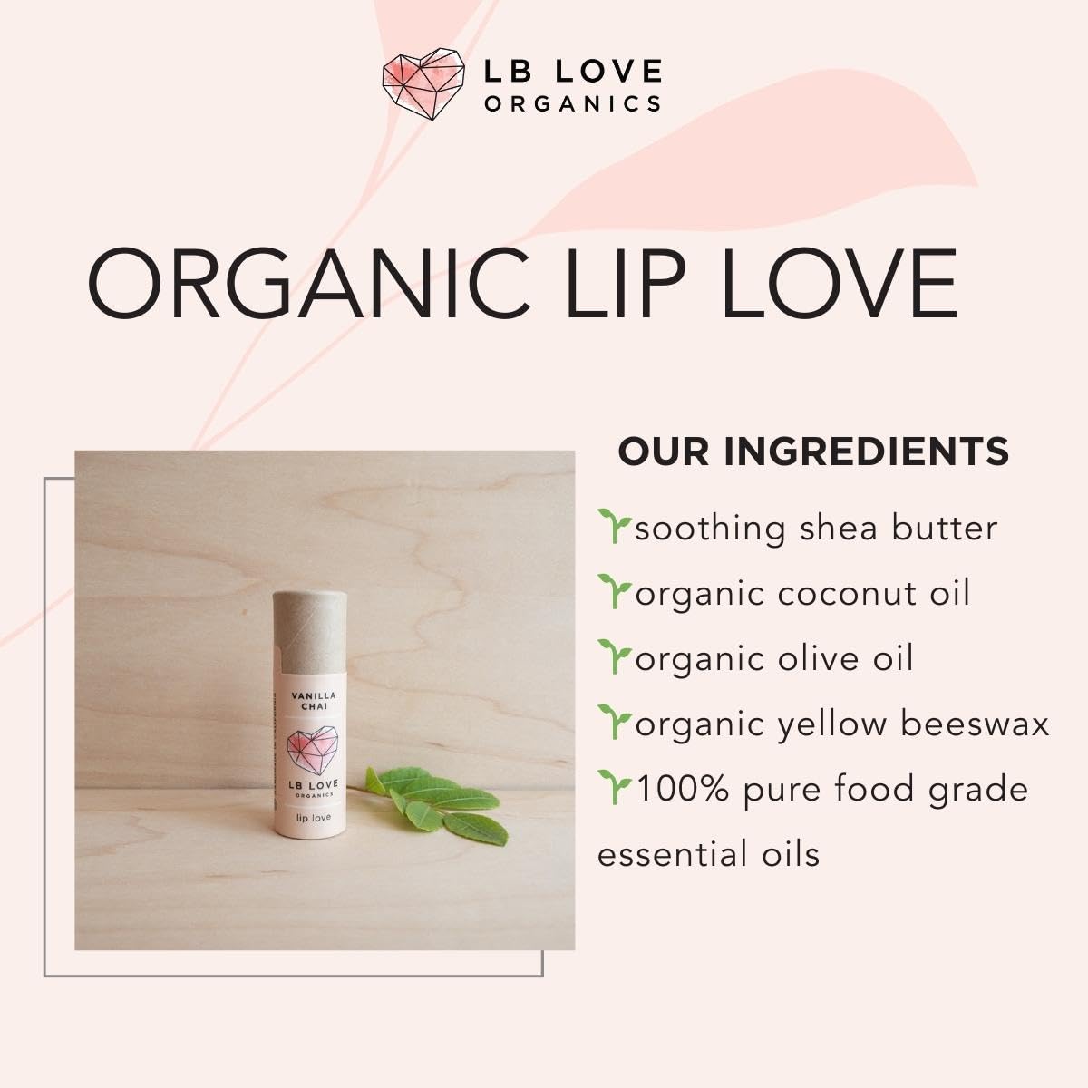 LB Love Organics Plastic Free Lip Love | Jumbo Organic Lip Balm | Organic Beeswax and Plant Based | Zero Waste Natural Lip Balm (Vanilla Chai)