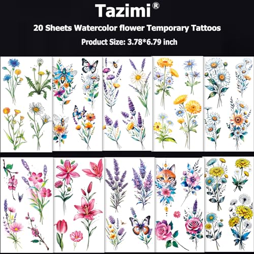 Tazimi 20 Sheets 3D Watercolor Floral Temporary Tattoos for Women