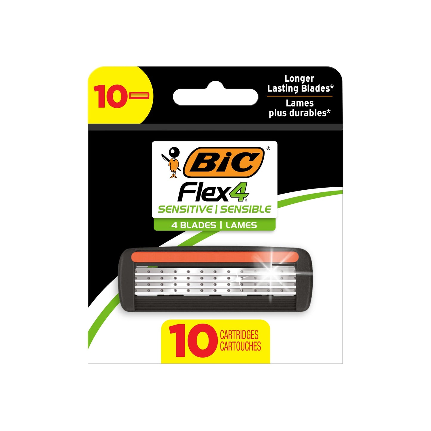 BIC Flex 4 Refillable Refill Razor Cartridges for Men, Long-Lasting 4 Blade Razor Heads for Sensitive Skin, 10 Refill Cartridges