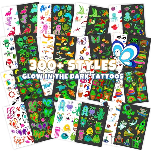 Temporary Tattoo for Kids, 300+ Pcs Glow in the Dark Tattoos Kids Stickers, Luminous Party Supplies with Car/Dinosaur/Space/Butterfly Favors for Boys Girls