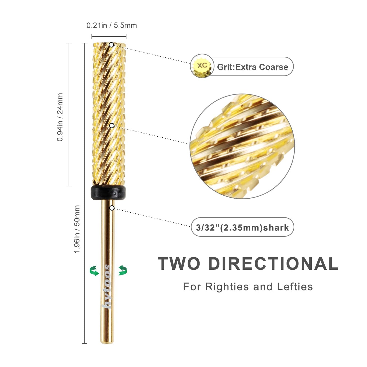 HYTOOS Super Long Nail Drill Bits, 24mm Gold Flat Top Barrel Carbide Nail Bit, 3/32" Two-way Rotate Drill Bits for Nails, Electric Drill Accessories, Remove Acrylic Nail Art Gel, XC