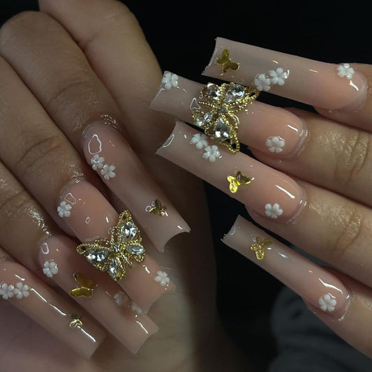 24 Pcs Nude Press on Nails Ballerina Fake Nails Long Coffin Glue on Nails with Resin Flower Design Bling Butterfly False Nails for Wedding Birthday Manicure Gel Women Stick on Nails with Glue