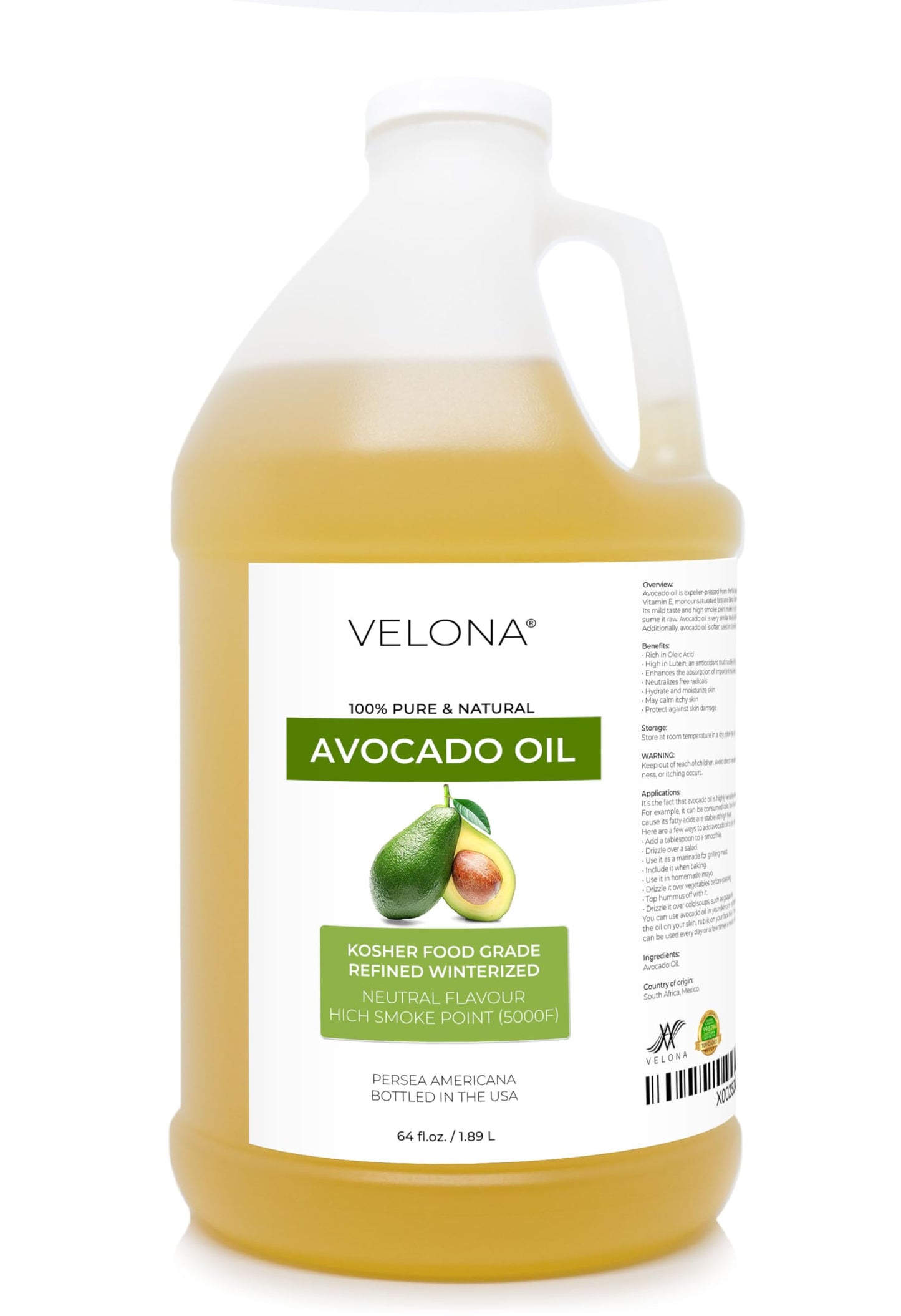 velona Avocado Oil 64 Fl Oz | 100% Pure and Natural Carrier Oil | Refined, Cold Pressed | Hair, Body and Skin Care | Use Today - Enjoy Results