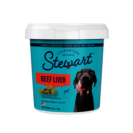 Stewart Freeze Dried Dog Treats, Beef Liver, 4 oz, Grain Free & Gluten Free, Resealable Tub, Single Ingredient, Training Treat in Beef Liver, Salmon, Chicken Liver & Chicken Breast 4, 14, 21 oz