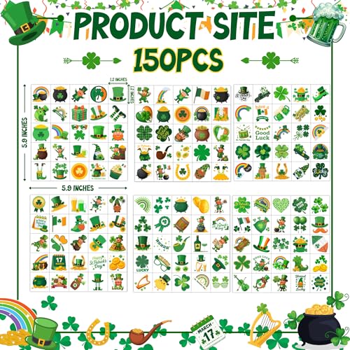 150 PCS St Patrick's Day Temporary Tattoos - Green Clover Shamrock