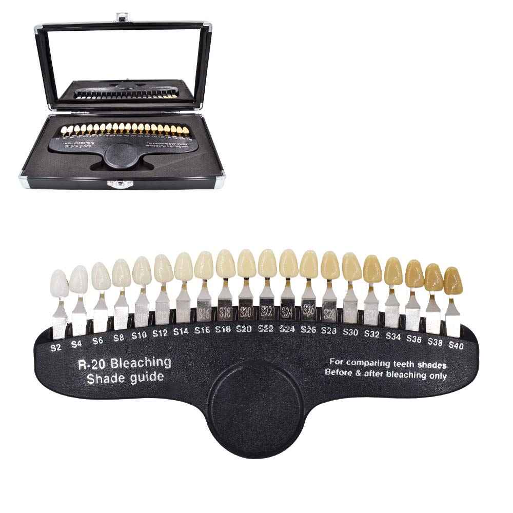 Professional 3D R-20 Teeth Whitening Shade Guide Dental 20 Colors Tooth Bleaching Shade Chart with Mirror Aluminum Case