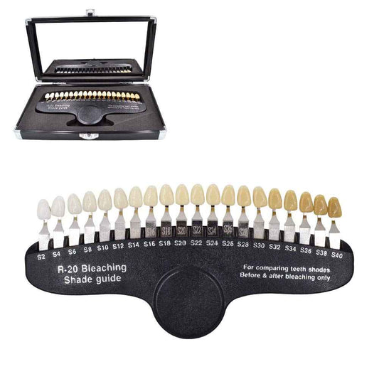Professional 3D R-20 Teeth Whitening Shade Guide Dental 20 Colors Tooth Bleaching Shade Chart with Mirror Aluminum Case