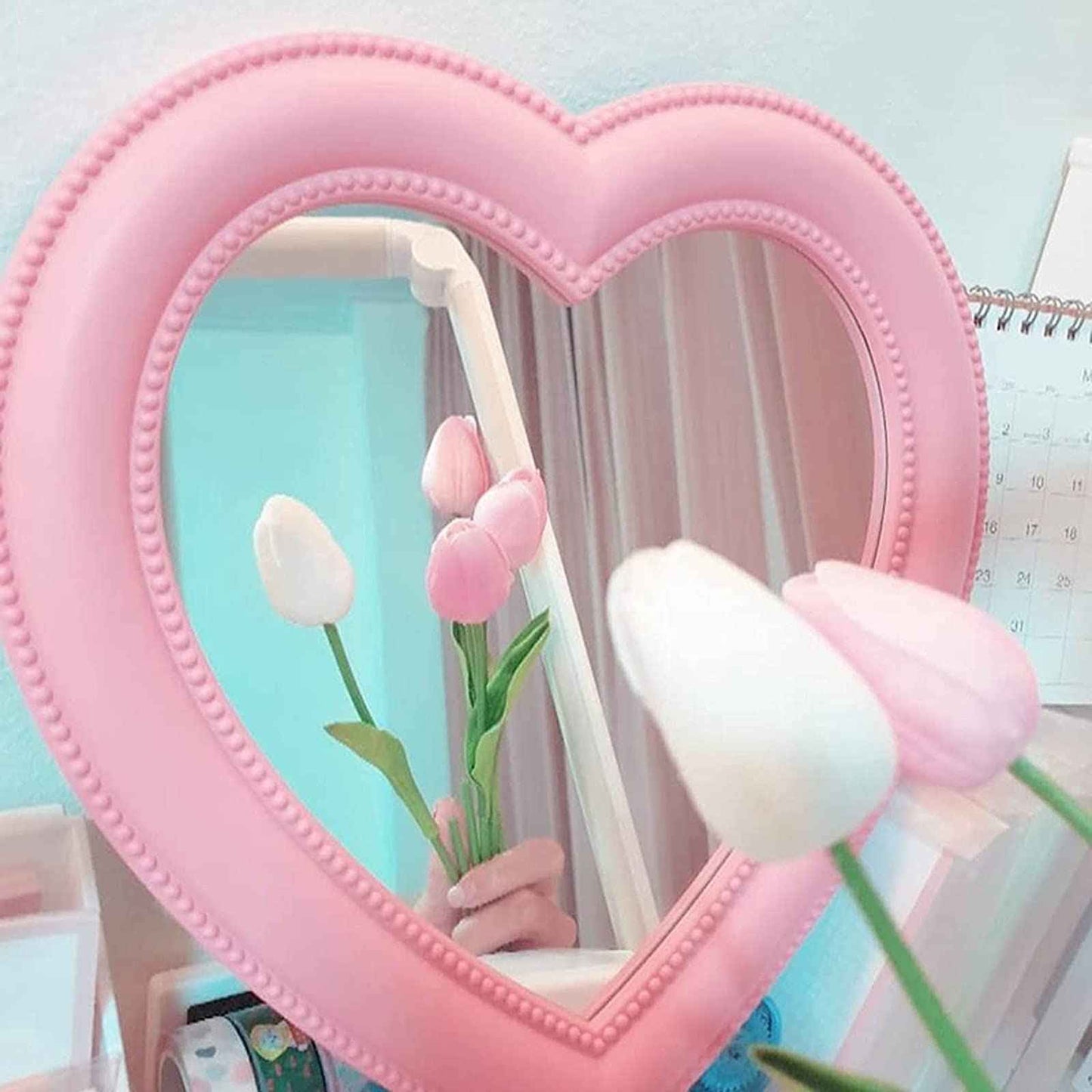 BinaryABC Heart Makeup Mirror - Cosmetic Mirror for Wall or Desktop - Small Mirror for Bedroom - Light Pink