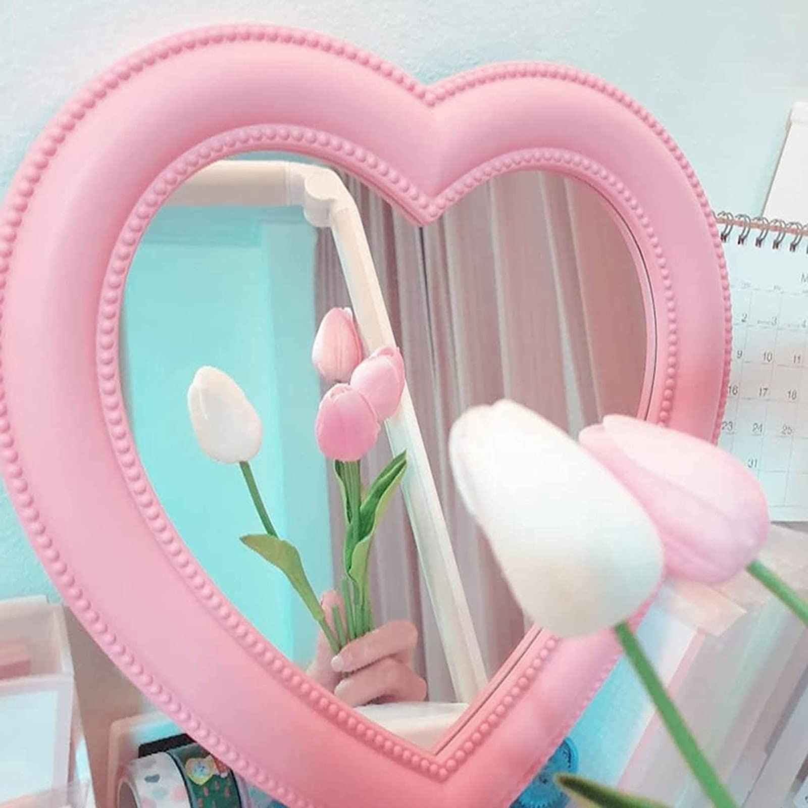 BinaryABC Heart Makeup Mirror - Cosmetic Mirror for Wall or Desktop - Small Mirror for Bedroom - Light Pink