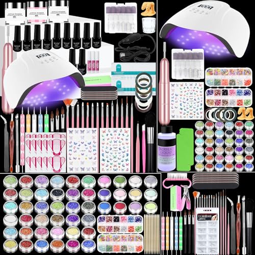 Acrylic Nail Kit, Acrylic Nail Set with Drill and UV Light,Professional Colored Acrylic Nail Powder Nail Starter Kit Decoration Tools with Everything for Beginners Full Acrylic Nail Supplies