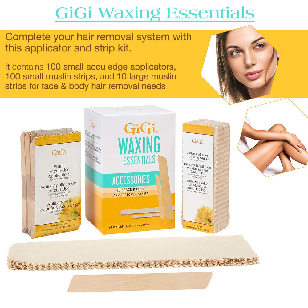 GIGI Waxing Essentials Kit | Face & Body Hair Waxing & Hair Removal | 100 Wax Applicators and 100 Natural Muslin Epilating Strips