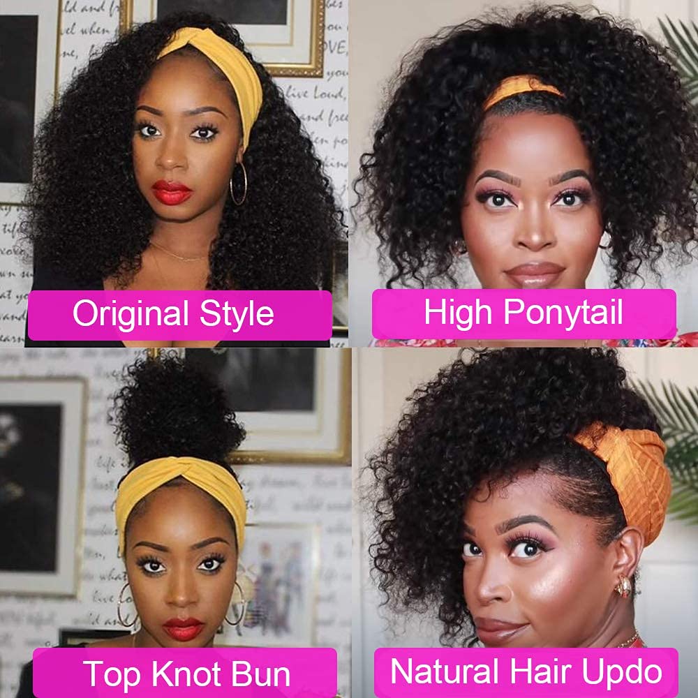 Rebasar Headband Wig Human Hair 12 Inch Glueless Wear and Go Curly Headband Wigs for Black Women Human Hair Deep Wave Headband Virgin Hair Black Wig