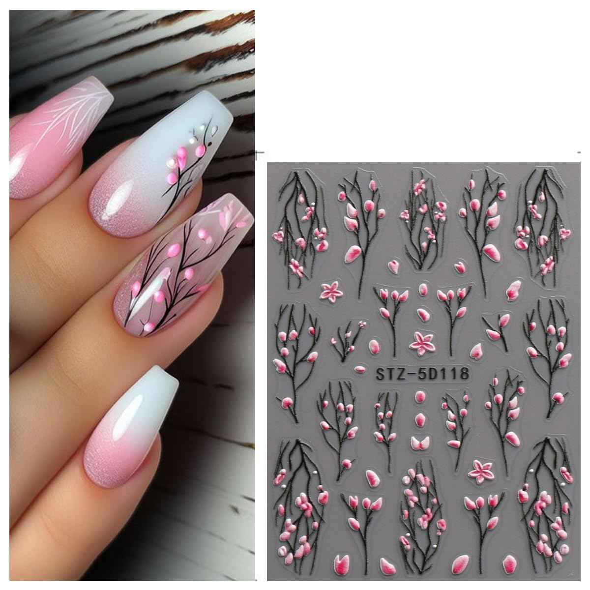 JMEOWIO 3D Embossed Flower Nail Art Stickers Decals Self-Adhesive 5D Spring Summer Floral Nail Supplies Nail Art Design Decoration Accessories 4 Sheets
