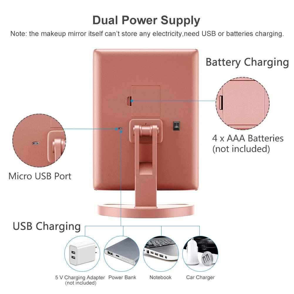 WEILY Makeup Mirror with 21 LED Lights,Two Power Supply, Touch Screen and 1x/2x/3x Magnification Tri-Fold Vanity Mirror for Makeup Desk(Rose Gold)