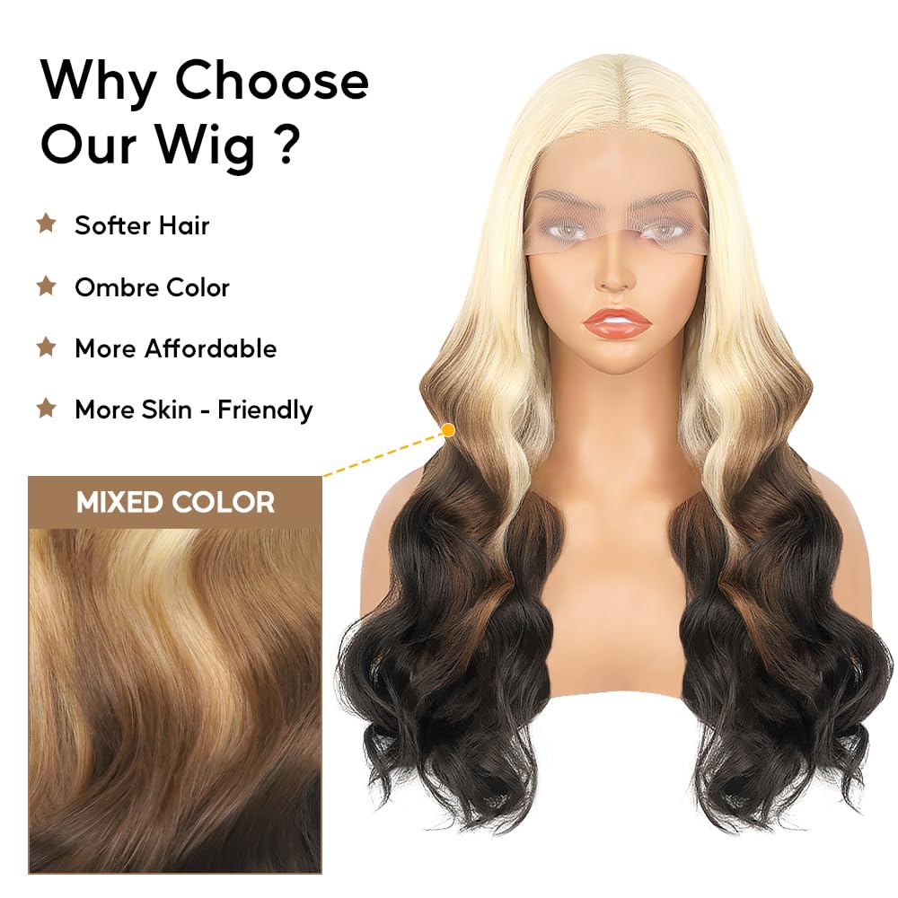 Aminow Long Blonde Wavy Wig for Women Brown Mix Blonde Synthetic Lace Front Wig Ombre Blonde Colored Wigs for Cosplay Daily Party Use (Brown Mix Blonde, 22 Inch)