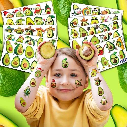 100 PCS Christmas Funny Avocado Temporary Tattoos Sticker Fruit Vegetable Mexican Fiesta Avocado Firts Birthday Party Favors Decorations Supplies Gifts Boys Girls Cute Fake Tattoo School Reward Themed