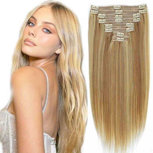 Human Hair Clip in Extensions Dark Blonde Highlighted Bleach Blond Full Head Silky Straight Clip in Natural Remy Human Hair Extensions 120g 8pcs (14 inch, 18/613)