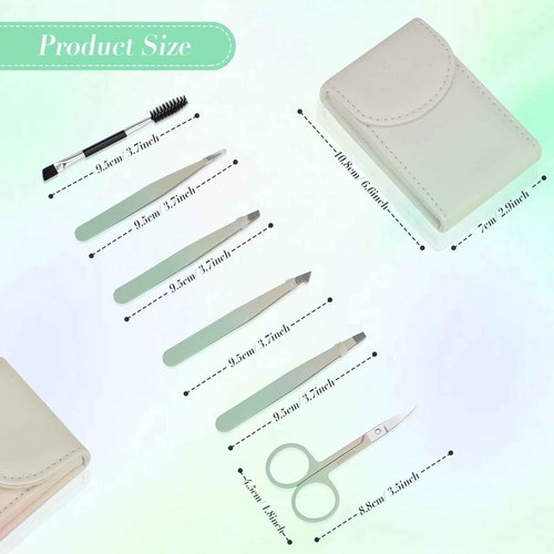 6 PCS Tweezers Set for Women, Eyebrow Tweezers Set with Curved Scissor for Ingrown Hair, Plucking Daily Beauty Tool with Leather Travel Case for Gifts (Gradient Green)