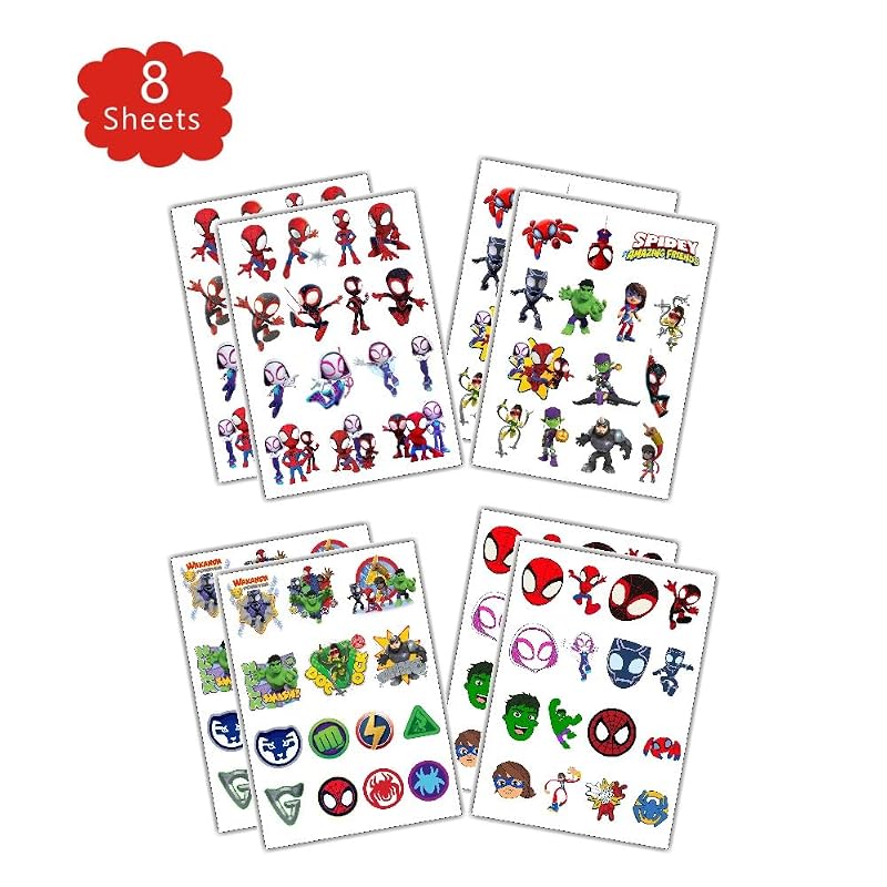 Spider and Friends Temporary Tattoos for Kids - 8 Sheet Set