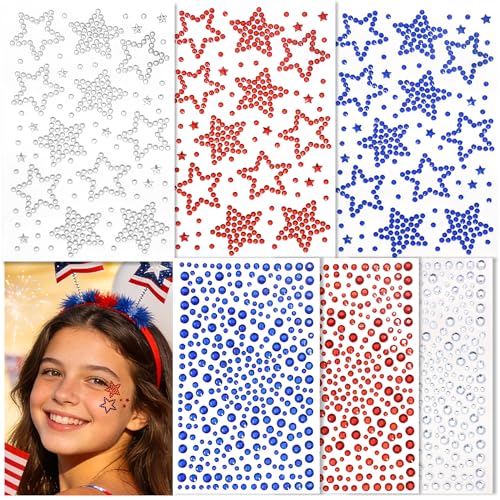 4th of July Star Face Gems - 6 Sheets Self-Adhesive Rhinestones