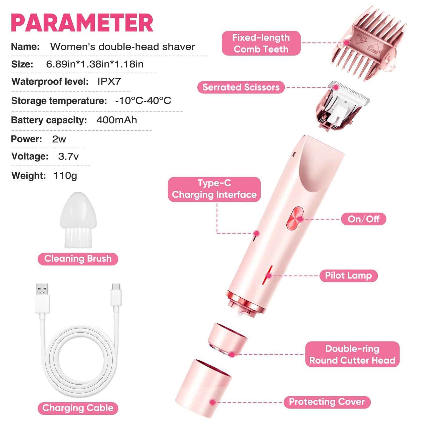 2025 Glow Aura Womens Shaver, 2-in-1 Women's Body Shaver, Dual Head Bikini Electric Razor for Women, IPX67 Waterproof Wet & Dry Use Body Hair Trimmer (Pink)