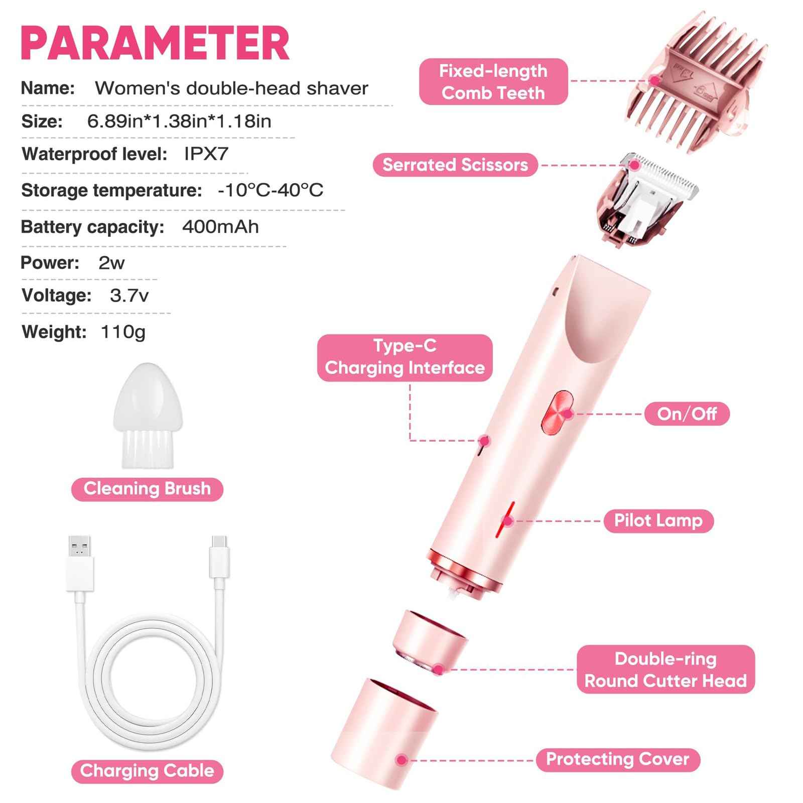 2025 Glow Aura Womens Shaver, 2-in-1 Women's Body Shaver, Dual Head Bikini Electric Razor for Women, IPX67 Waterproof Wet & Dry Use Body Hair Trimmer (Pink)