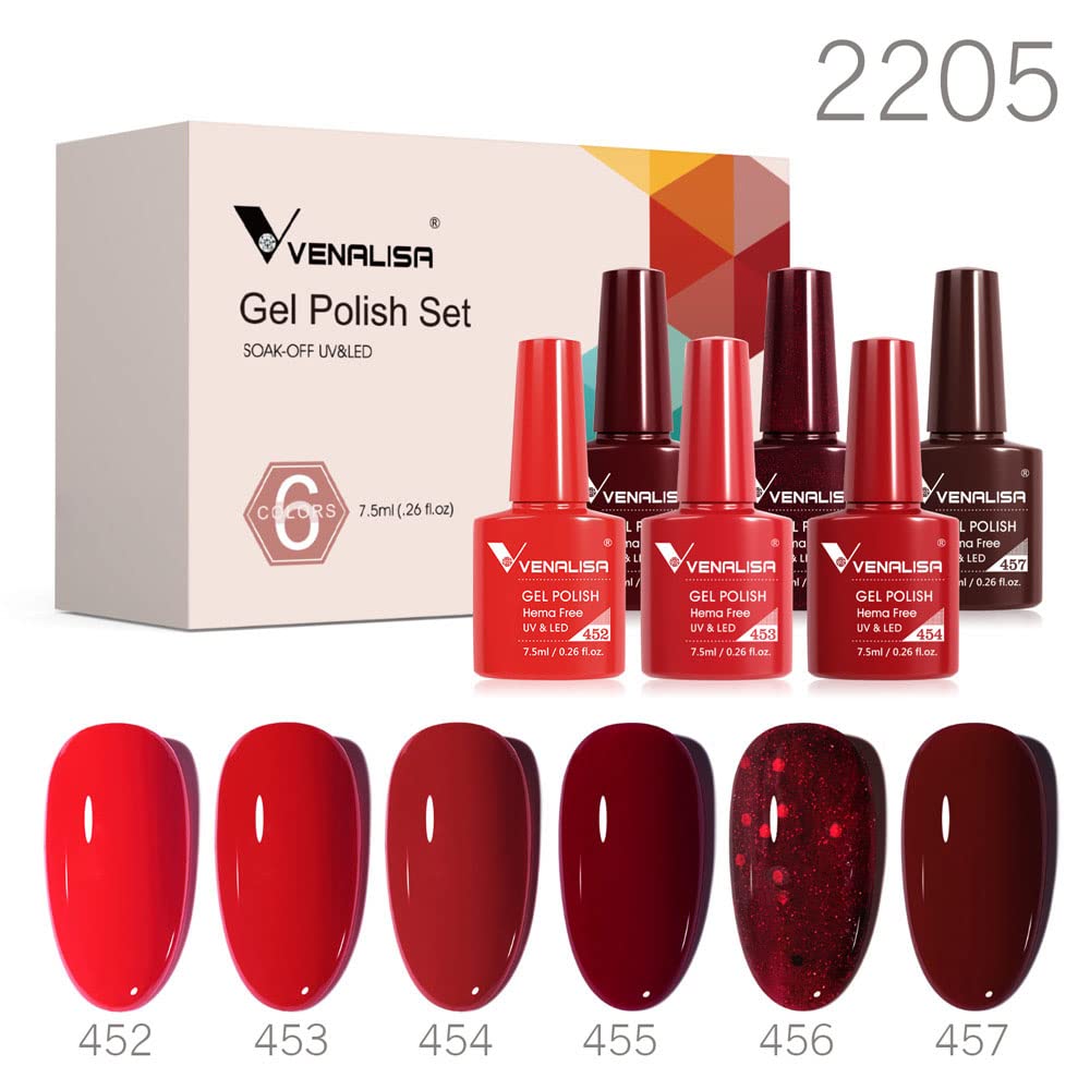 VENALISA Hema-Free Red Gel Nail Polish Set- 6 Colors Popular Red Burgundy Glitter Gel Polish Kit, DIY at Home Salon Christmas New Year's Gifts for Girls