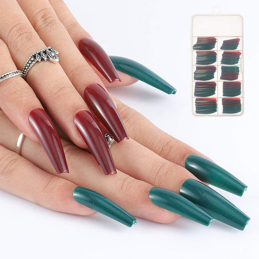 Blufly 100Pcs Glossy Green and Red Press on Nails Long Square Coffin Fake Nails Pure Acrylic Ballerina False Nails Tips for Women and Girls (Gr-2)