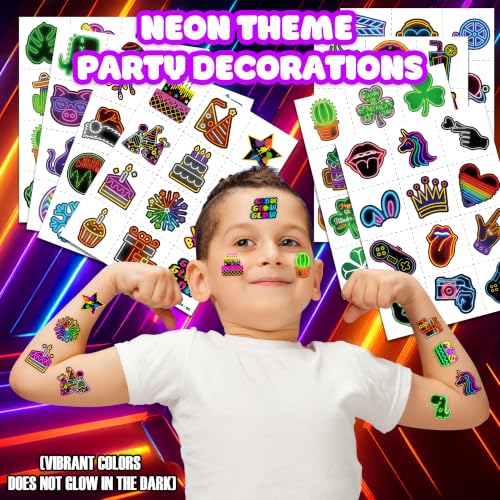 96 Neon Temporary Tattoos for Kids & Adults - 8 Sheets