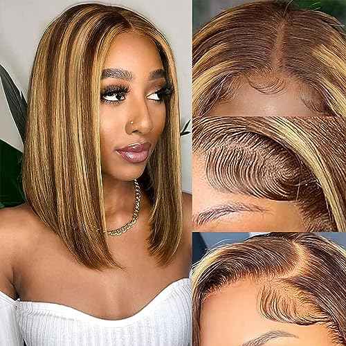 Ombre Highlight Bob Wig Human Hair 13x4 Lace Front Wigs P4/27 Colored Wigs 14 Inch Honey Blonde Bob Human Hair Wig 180 Density Glueless Short Human Hair Wigs for Women Pre Plucked With Baby Hair